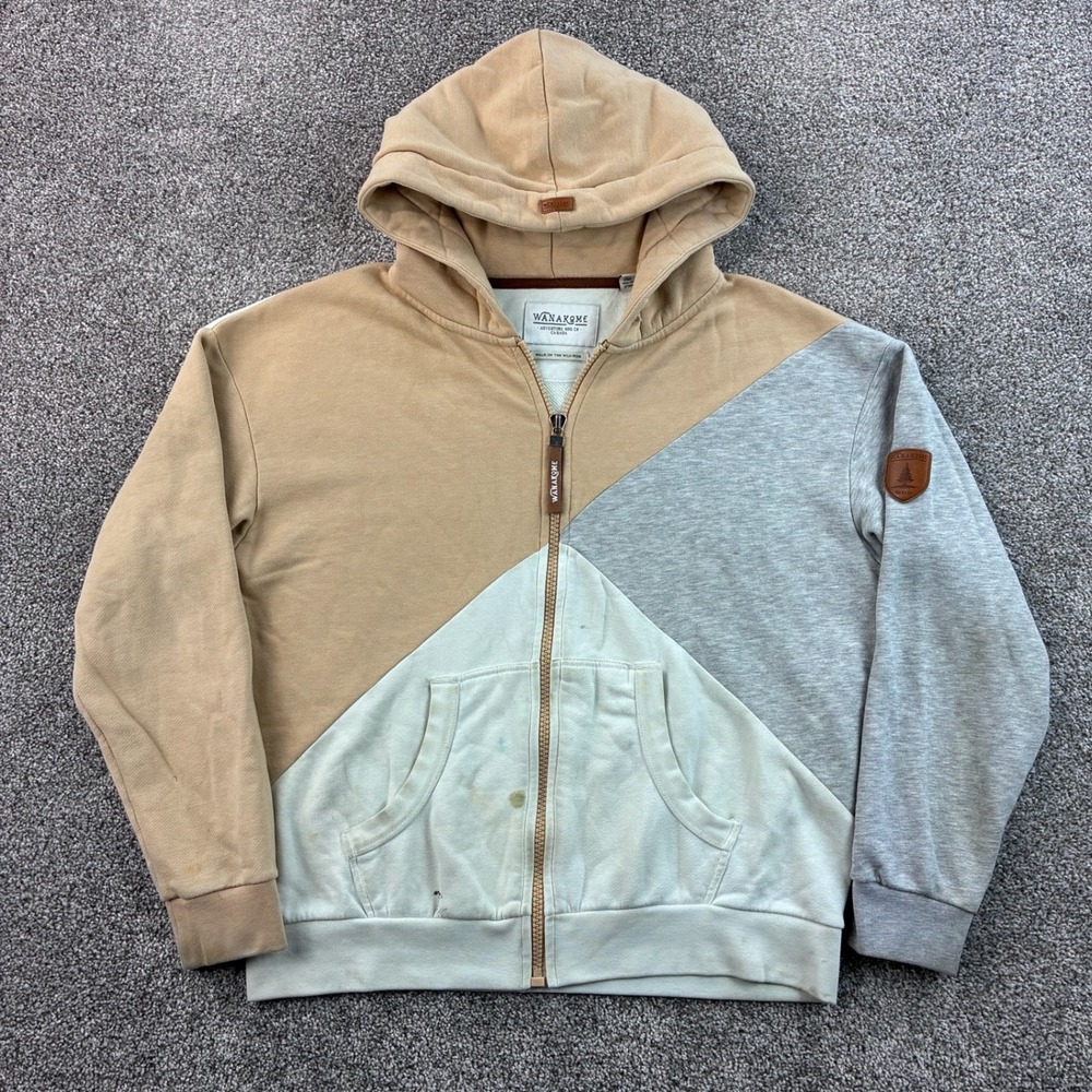 Wanakome Hoodie Women's Medium Tan Grey Cream Colorblock Full Zip Sweatshirt
